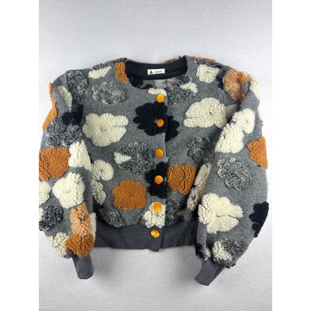 Damin Grey 3D Boho Floral Sherpa Patch Cropped Cardigan Sweater Velvet Buttons